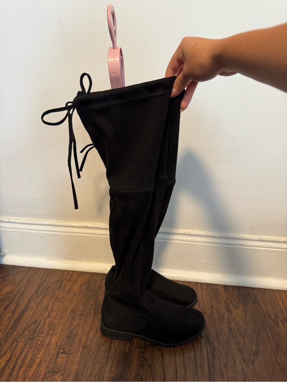 Black Faux Suede Over The Knee Thigh High Tie Back Boots - Size 5.5